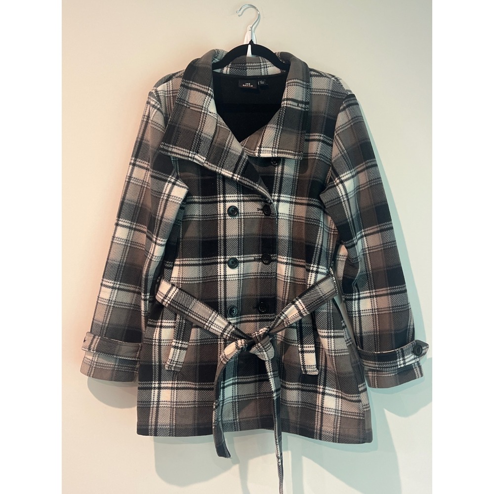 Ike Behar Women's Plaid Double Breasted Belted Peacoat Jacket Grey Black Large